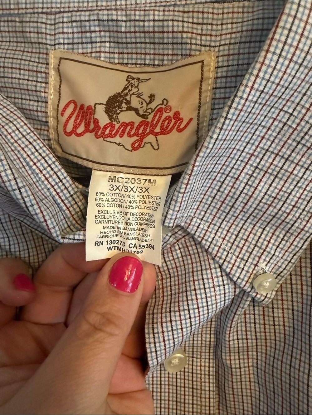 NWOT Men’s Wrangler Red White & Blue Checks Long Sleeve Button Down Size 3XL - Picture 2 of 7